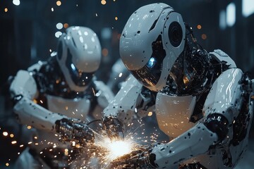 Fototapeta premium Two humanoid robots welding metal in a factory with sparks flying.