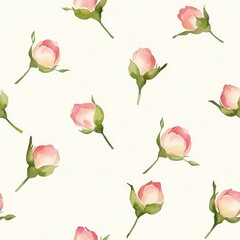 A delicate pattern of pink rosebuds on a soft cream background, evoking a fresh, floral aesthetic.