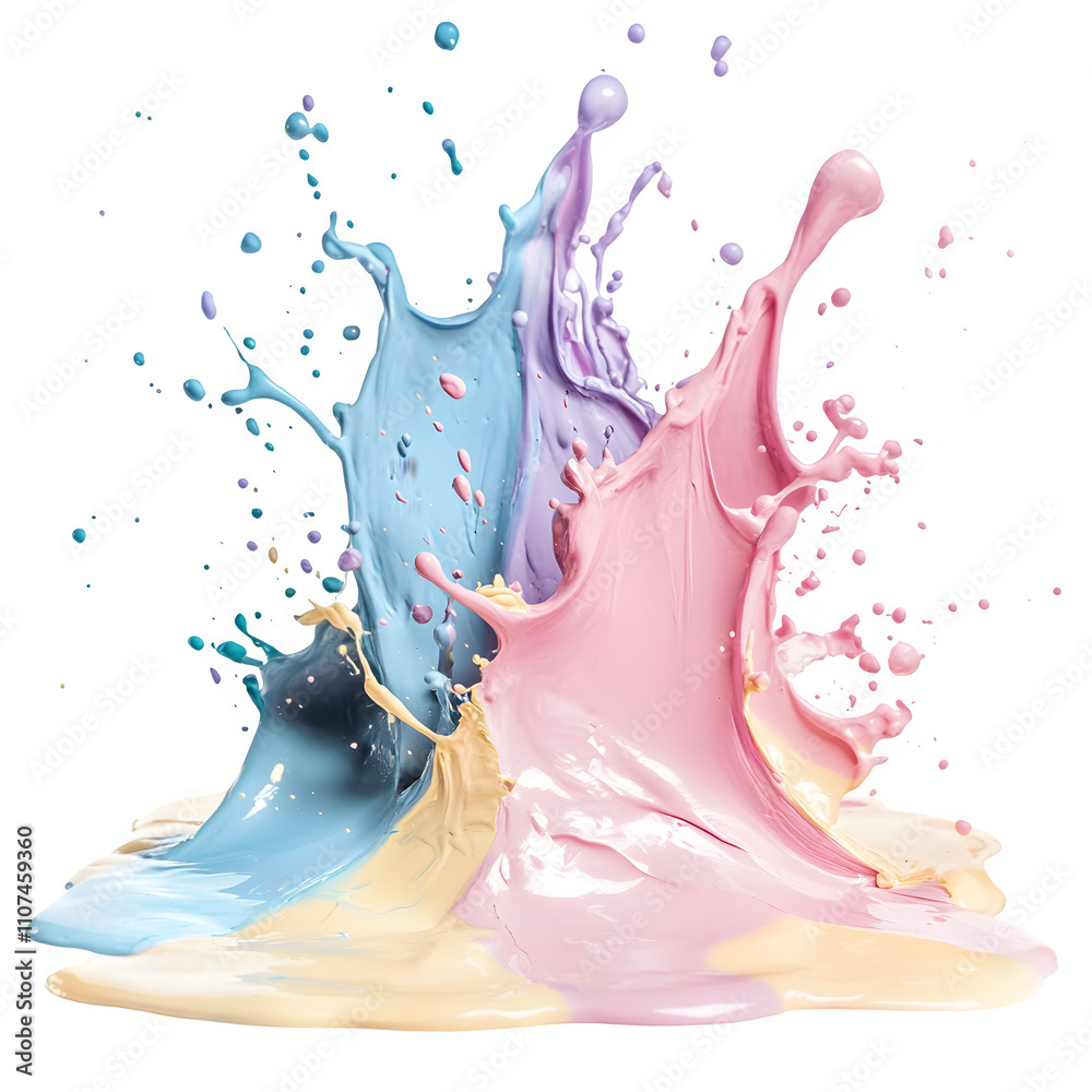 Poster vibrant pink, blue, purple, and beige paint splashes on transparent background, perfect for adding c