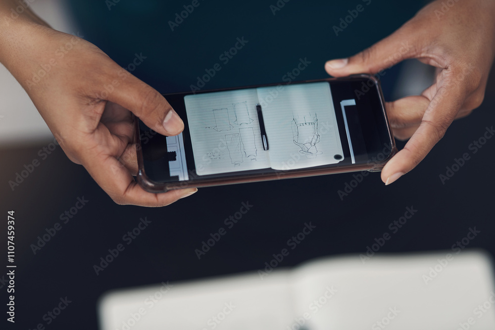 Poster phone screen, person and hands in office for photography, sketch and capture progress for startup. c