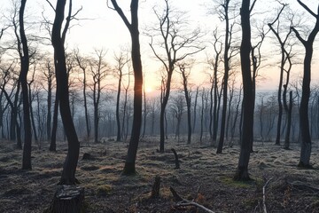 Serene Dawn in a Barren Forest with Tall Trees and Soft Sunlight Filtering Through Misty Background in a Tranquil Natural Landscape