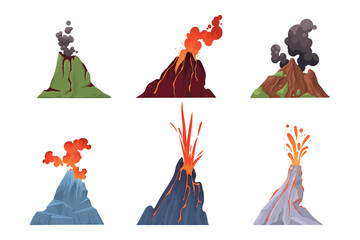 Volcanoes. Mountains eruption with fire lava explosion with smoke. Volcanic magma flow element for computer game landscape. Volcano vector isolated elements on white background