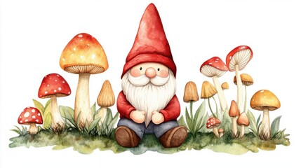 Fototapeta premium Cute little gnome spirit in Spring garden with flowers
