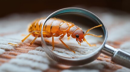 Bed bug on mattress under magnifying glass 