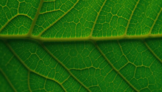 A photorealistic image showcases natures synthesis of sunlight through the intricate structure of a green leaf
