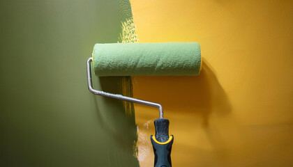 Obraz premium Close up of paint roller applying green color to freshly painted yellow wall during home renovation project
