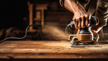 Electric sander in action on rough wooden table during home renovation project in a workshop setting