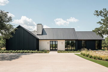 Obraz premium A black metal roof on the exterior of a modern farmhouse in rural Texas, with large windows and a simple design that harmonizes seamlessly with its natural surroundings.
