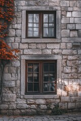 Obraz premium Stone cottage with two windows and tree