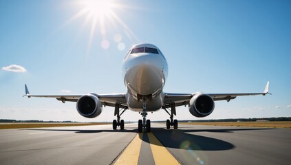 Fototapeta premium A dynamic airport runway scene with a sleek airplane ready for takeoff against a clear sky