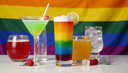 Fototapeta premium Colorful cocktails under a rainbow flag celebrating LGBT pride