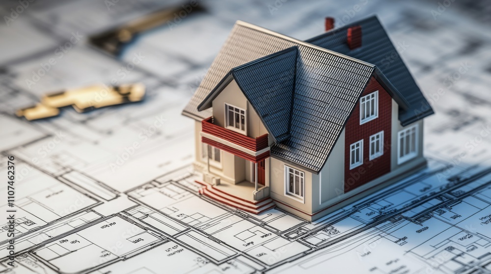 Aufkleber a detailed architectural model of a house is placed atop blueprints, emphasizing real estate plannin