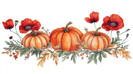 Naklejka premium Watercolor pumpkin and red poppy floral arrangement, autumn harvest illustration, botanical art, fall season decor