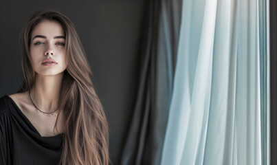 Fototapeta premium Elegant woman with long flowing hair posing by a window with soft natural light and sheer curtains.