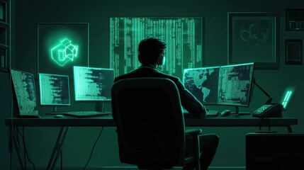 Dark Themed Digital Workspace with Multiple Monitors Displaying Code and Data in a Futuristic Setting