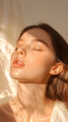 A close-up of a model with perfect, glowing skin gently patting a refreshing toner onto her face, surrounded by calming, neutral decor and a soft, glowing ambiance.