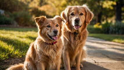 Full-length golden retriever dog, long hair, in the garden, close-up photo.