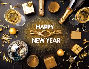 champagne glasses and christmas decorations and happy new year