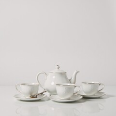 Fototapeta premium White-background image showcases a teapot among other refreshing tea set pieces tableware