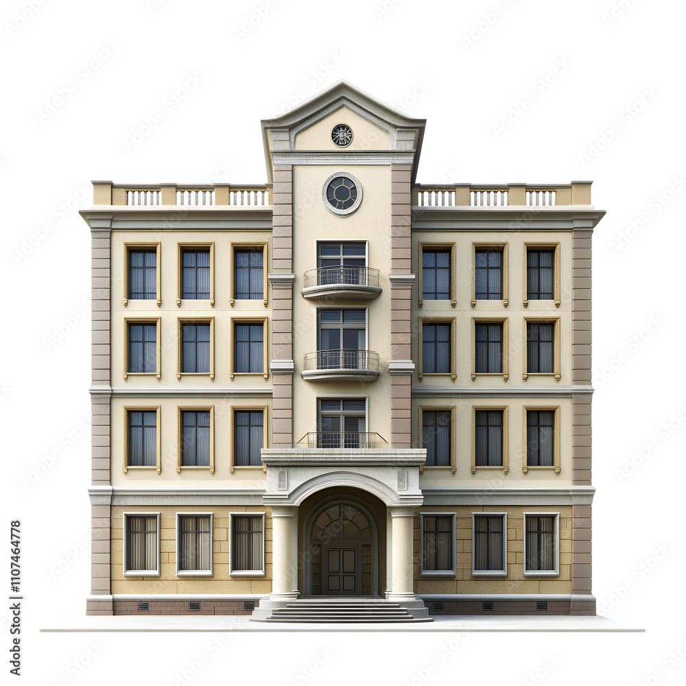 Poster old building with clock tower, balconies, and arched entrance, set against a transparent background,