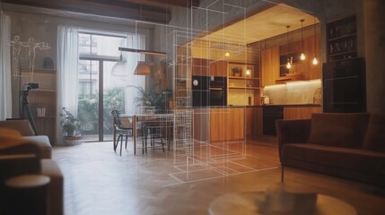 A stylish modern apartment features a blend of natural light and sleek design. AI-generated overlays illustrate spatial flow and furniture placement, enhancing the living area and kitchen layout.