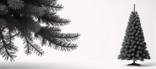Black-and-white image featuring a bare Abies Nordmann fir Christmas tree