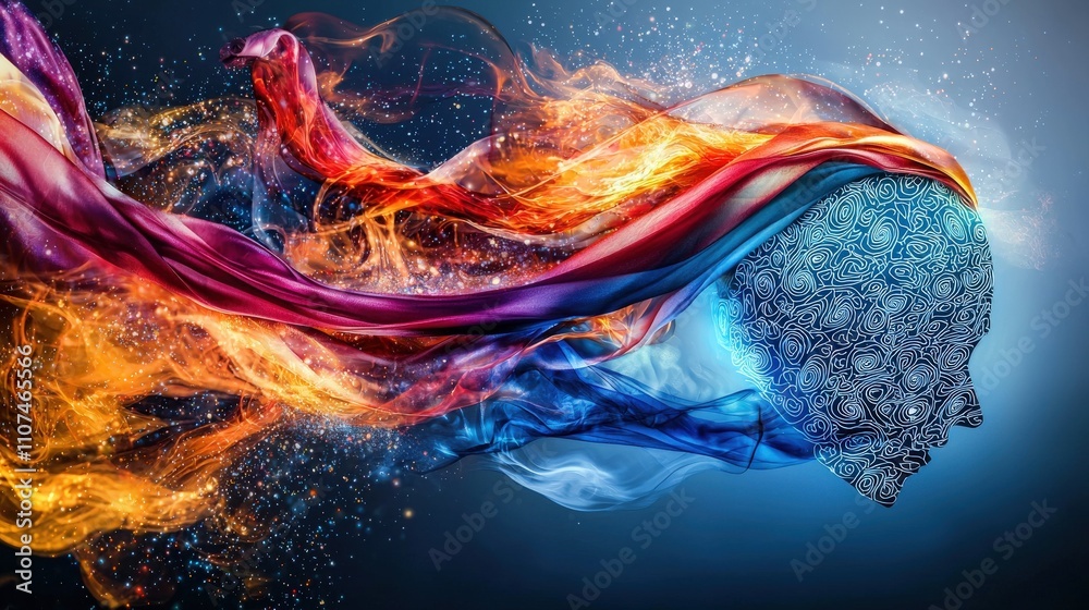 Aufkleber Dynamic flow of colorful ribbons around a human head digital art abstract design creative space visual concept