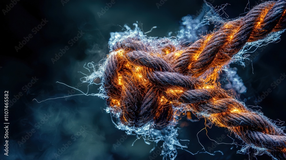Aufkleber entwined rope with glowing threads in an abstract environment conceptual art dark background illumin