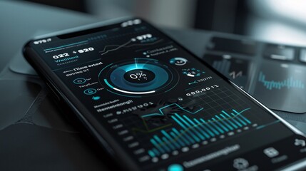 Futuristic and sleek mobile app dashboard interface displaying real time analytics financial data market performance metrics and business intelligence for strategic decision making