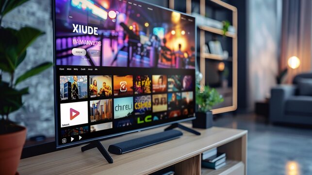 Cozy and modern living room interior with smart LED TV displaying a sleek video streaming app interface  Digital entertainment and multimedia technology in a comfortable home setting