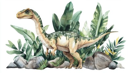 Dinosaur with tropical plants, green leaves, nature scene, prehistoric jungle, watercolor art, beautiful wildlife