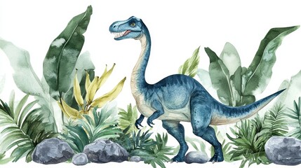 Fototapeta premium Blue dinosaur in jungle with green leaves and plants, watercolor art, prehistoric animal nature scene