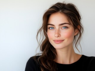 Naklejka premium close up portrait of a brunette woman with freckles and blue eyes , skin care advertising