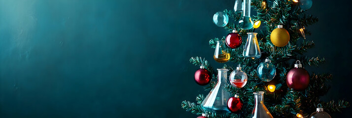 A festive tree displays glass flasks and bright ornaments, merging science and holiday spirit