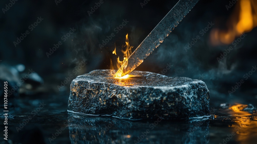 Poster honing a blade with a glowing sharpening stone workshop photography dark atmosphere close-up craftsm