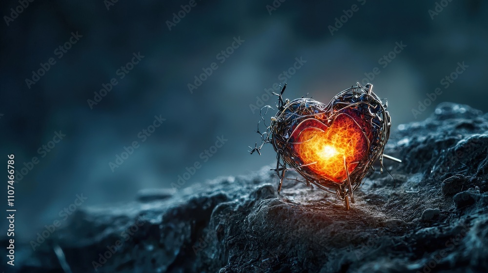 Poster surreal clasping action of heart-shaped pin abstract environment digital artwork dark mood illuminat
