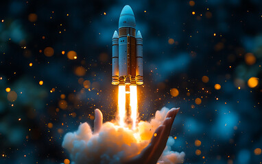 Cosmic Launch: Space Rocket from Woman's Hand