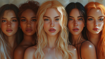 Fototapeta premium Diverse group of women with varying hair colors and styles showcasing beauty and friendship in a warm, artistic setting. Generative AI