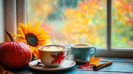 Pumpkin and Fall harvest decoration by a large window at home. Seasonal theme for greeting card background.
