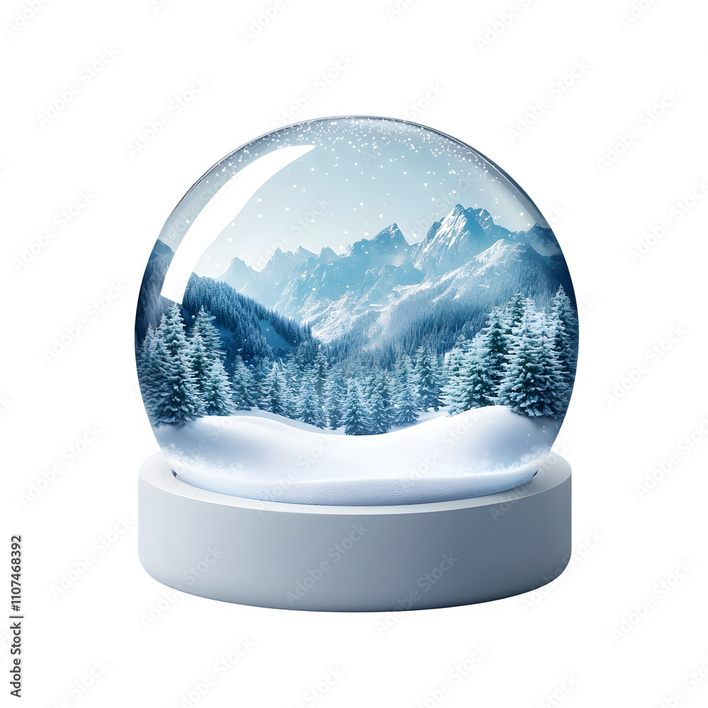 Aufkleber snow globe with 3d rendering featuring snowfall over a stunning mountain winter scene, with a transp