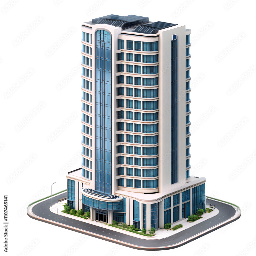 Poster modern skyscraper with blue glass windows in an isometric view, ideal for architectural visualizatio