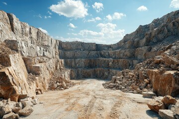 Scenic View of an Abandoned Rock Quarry Surrounded by Rocky Terrain and Blue Sky