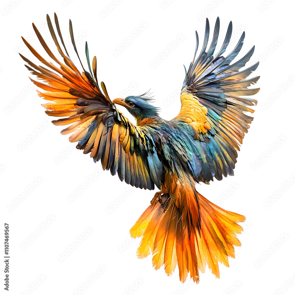 Poster exquisite bird flaunting vibrant plumage and colorful feathers while spreading its wings, on a trans
