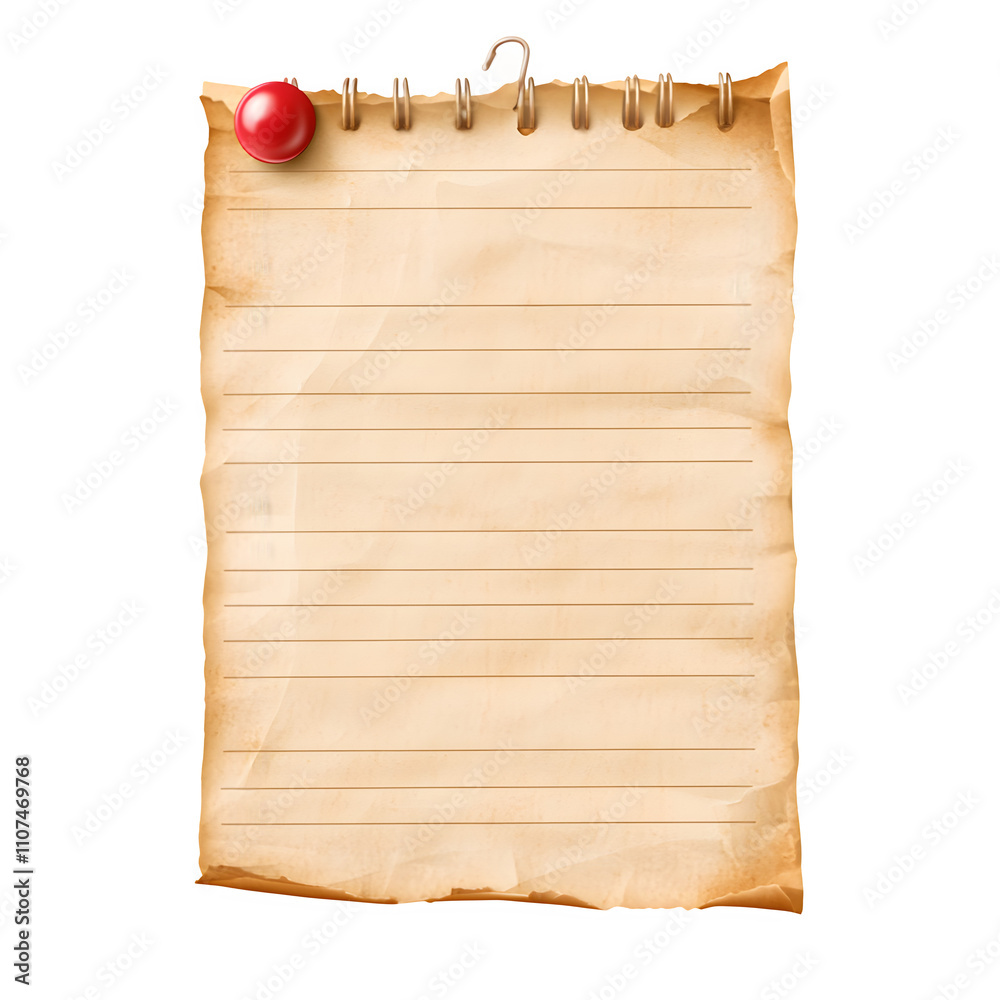 Poster Old paper notepad with red push pin hanging on a clear background, perfect for leaving messages and notes