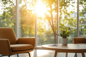 Obraz premium Warm Sunlight Streaming Through Windows in Cozy Modern Living Space with Plant