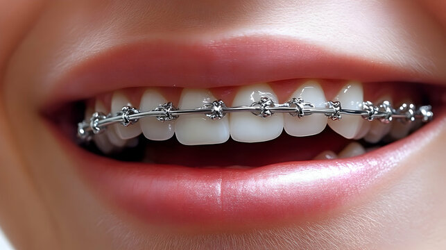 Close-up of a Smile with Metal Braces, Orthodontic Treatment and Dental Health