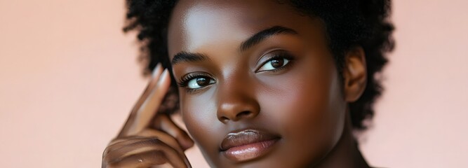 A serene portrait of a model with radiant skin, looking directly into the camera as she gently applies an eye cream to her under-eye area. The setting is a bright, calming skincare studio.