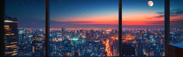 Cyberpunk cityscape with full moon seen from balcony