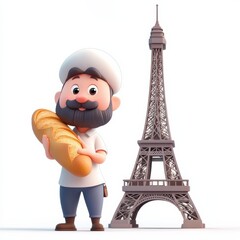 Baker with baguette and Eiffel Tower backdrop