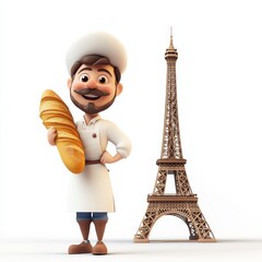 Baker with baguette, Eiffel Tower backdrop